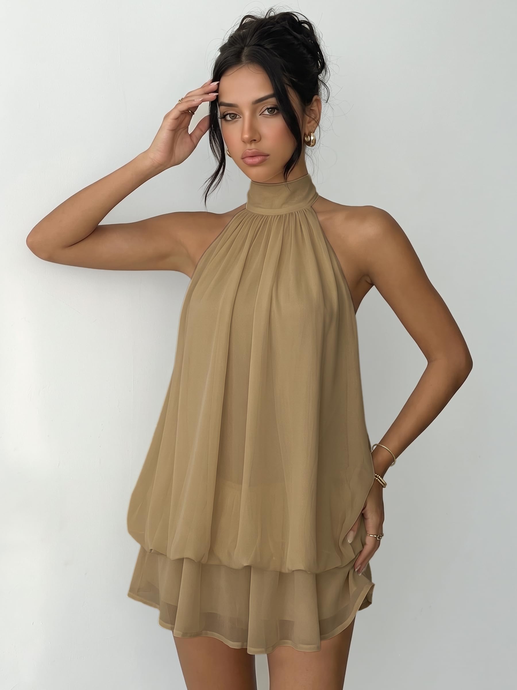 Robe Femme Chic et Elegant Été Robes Courte Ample Col Halter sans Manches Sexy Mini Robe Dos Nu à Nouer Casual Robes en Mousseline Volants Fluide Dresses pour Soirée Clubbing Plage Vacances