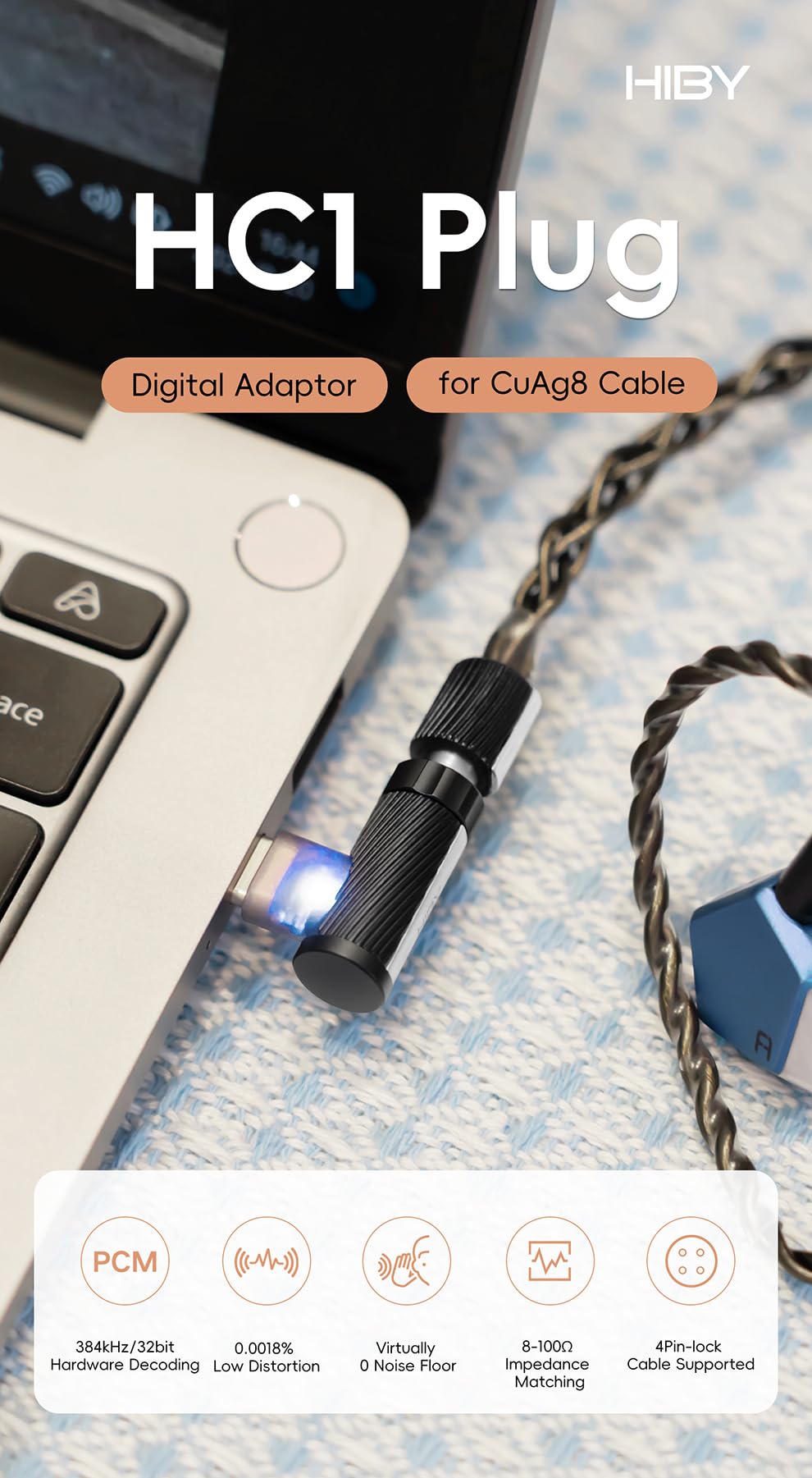 HiBy HC1 Plug for CuAg8 Cable HiFi Digital Adaptor PCM 384kHz/32bit 0.0018% Low Distortion 8-100? Impedance Matching 4Pin-Lock Cable