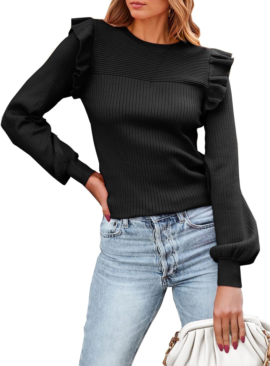 PRETTYGARDEN Women's Ruffle Long Sleeve Sweaters Crew Neck Lightweight Sweater 2026 Fall Trendy Ribbed Knit Pullover Tops