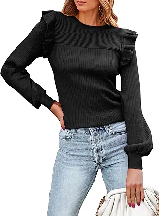 PRETTYGARDEN Women's Ruffle Long Sleeve Sweaters Crew Neck Lightweight Sweater 2025 Fall Trendy Ribbed Knit Pullover Tops
