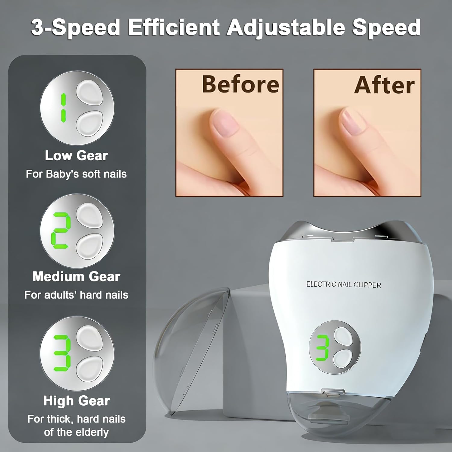 Electric Nail Clipper, 4-in-1 Rechargeable Automatic Nail Clipper Set with 3 Speed Gears/Nail File/Polishing/Trimmer/LED Light, Safe Smart Nail Clippers for for Baby, Kids, Adult and Seniors, White