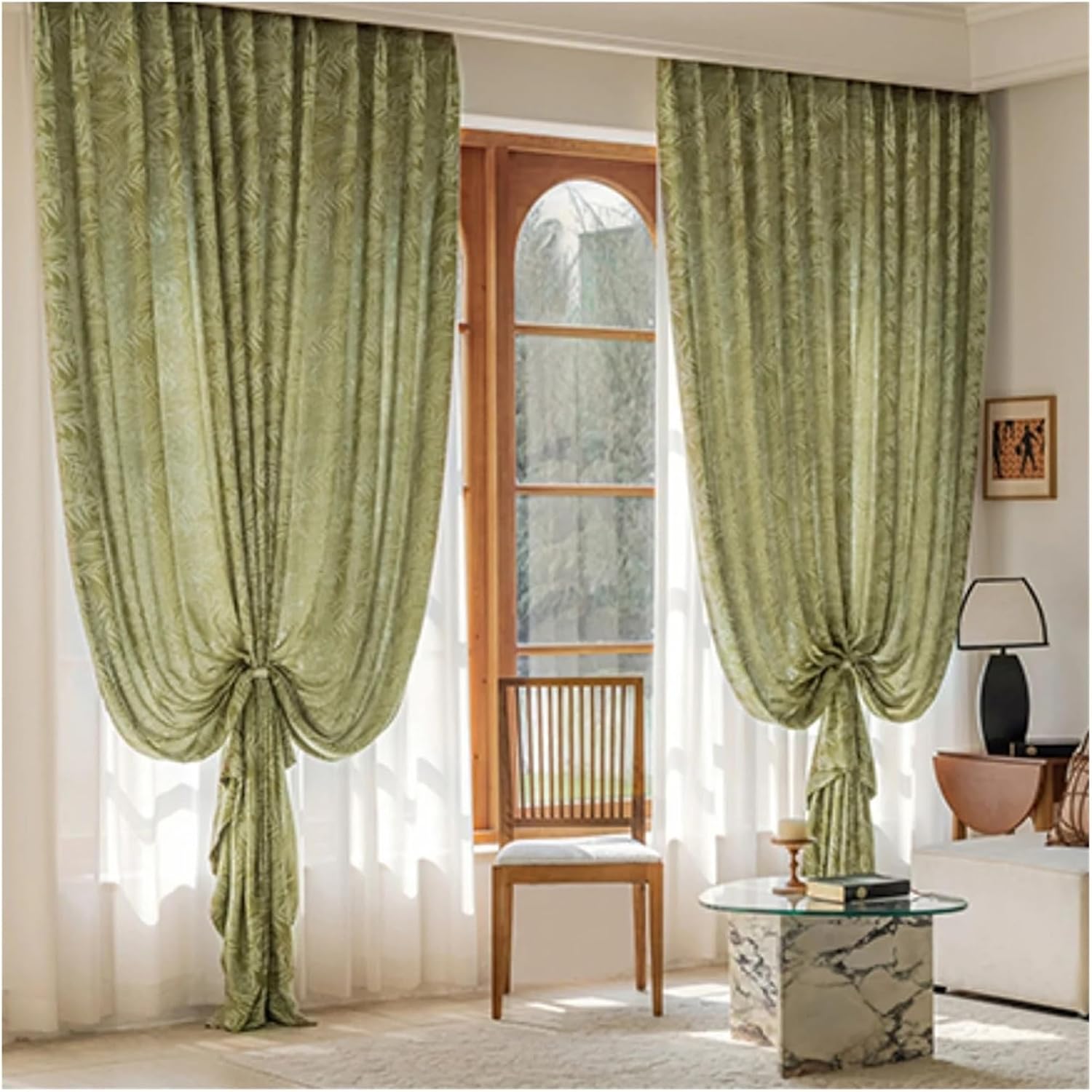 Solid Blackout Curtains for Bedroom 2 Pieces of Curtains Leaf Print Sheer for Living Room, Minimalist Style Drapes(W132xH183cm)