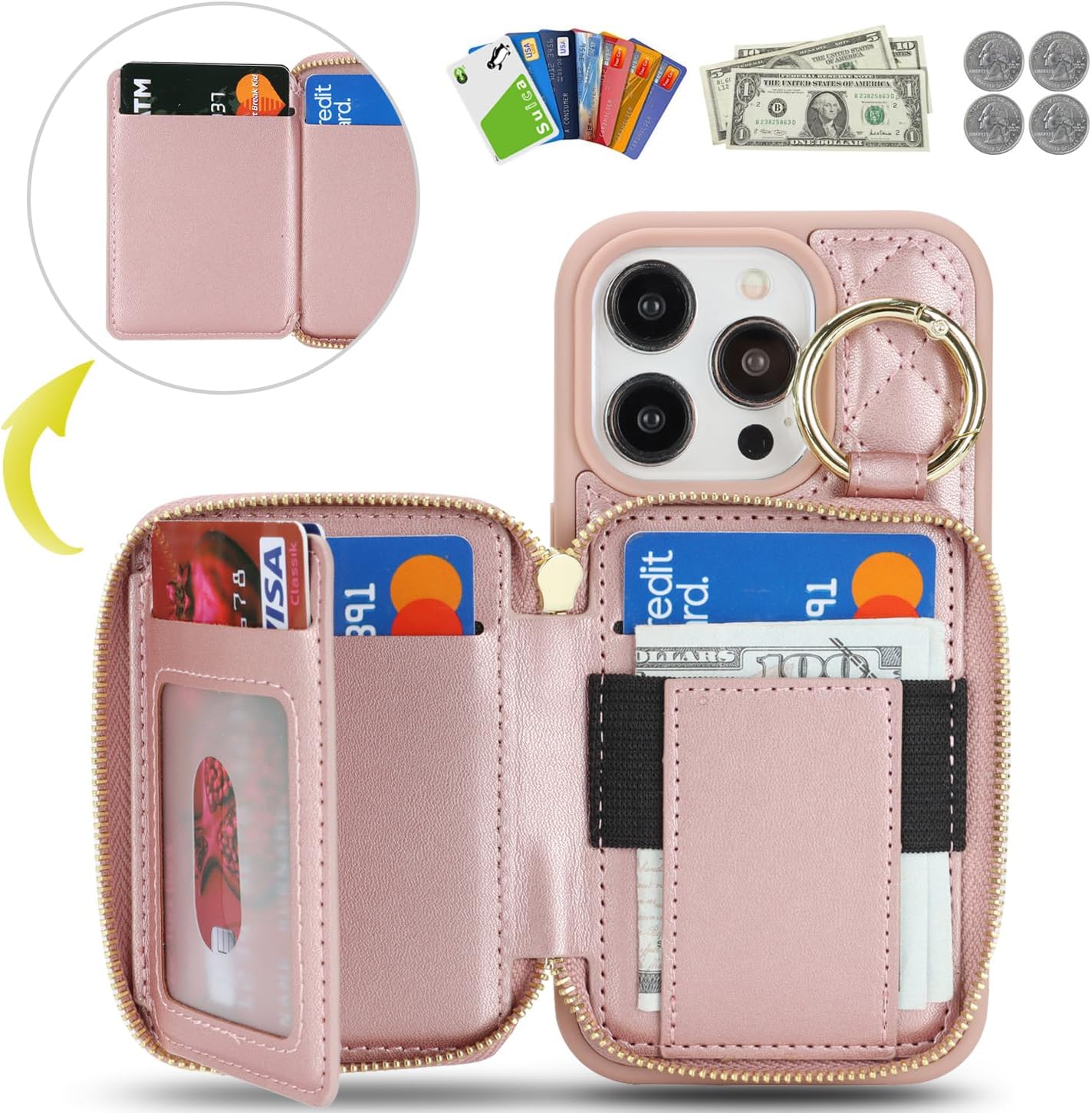 for iPhone 13 pro Case Wallet with Card Holder,for iPhone 13 pro Phone case Wallet with Zipper with Slot Kickstand Stand Case for Women and Man 5G 6.1 Inch-Rose Gold