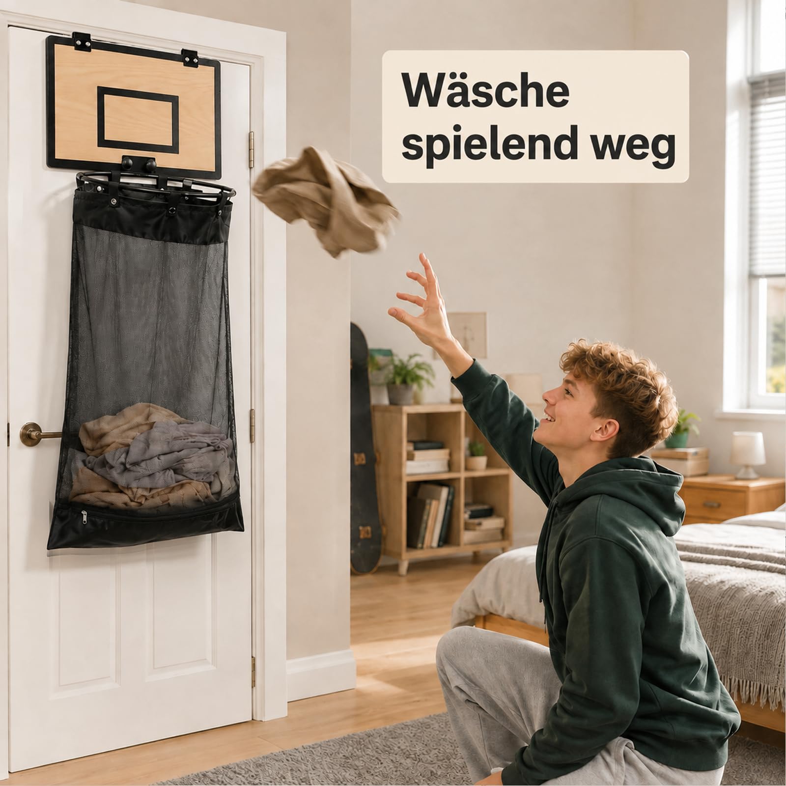 Basketball WäSchekorb, 2 in 1 Basketball Hoop Laundry Basket for Hanging on The Door with Wooden Back Panel Korb Netz, HäNgender WäSchekorb für Badezimmer und Schlafzimmer (A)