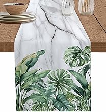 Summer Table Runner Summer Plants Palm Leaf Gary Marble Texture Table Runners Dresser Scarves Holiday Kitchen Dining Table Decoration for Home Party Indoor 14x72 Inch