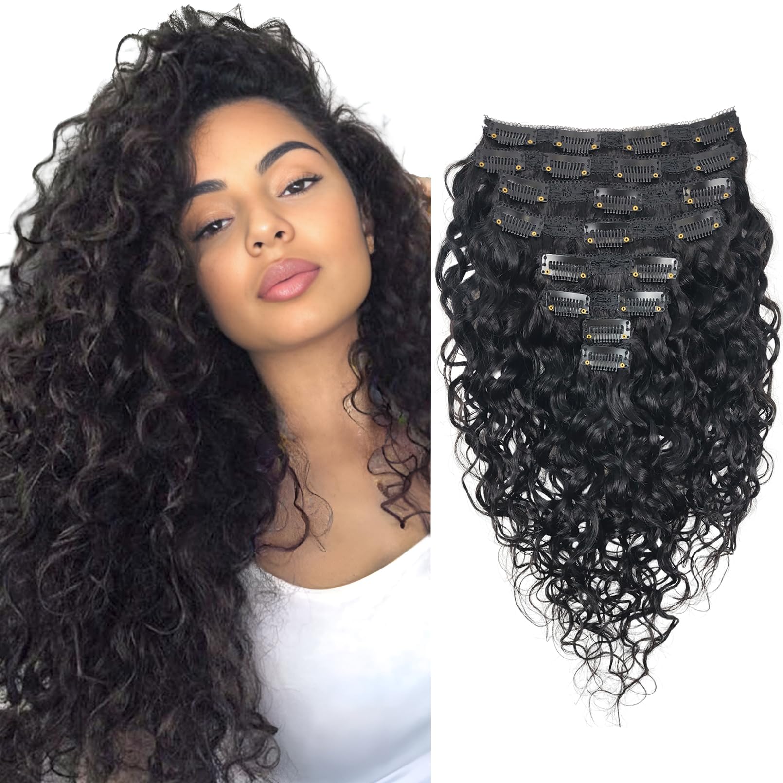 Doren Deep Curly Clip In Human Hair Extensions for Women 8Pcs 20Clips 120g 8A Remy Brazilian Wavy Curly Hair Natural Color