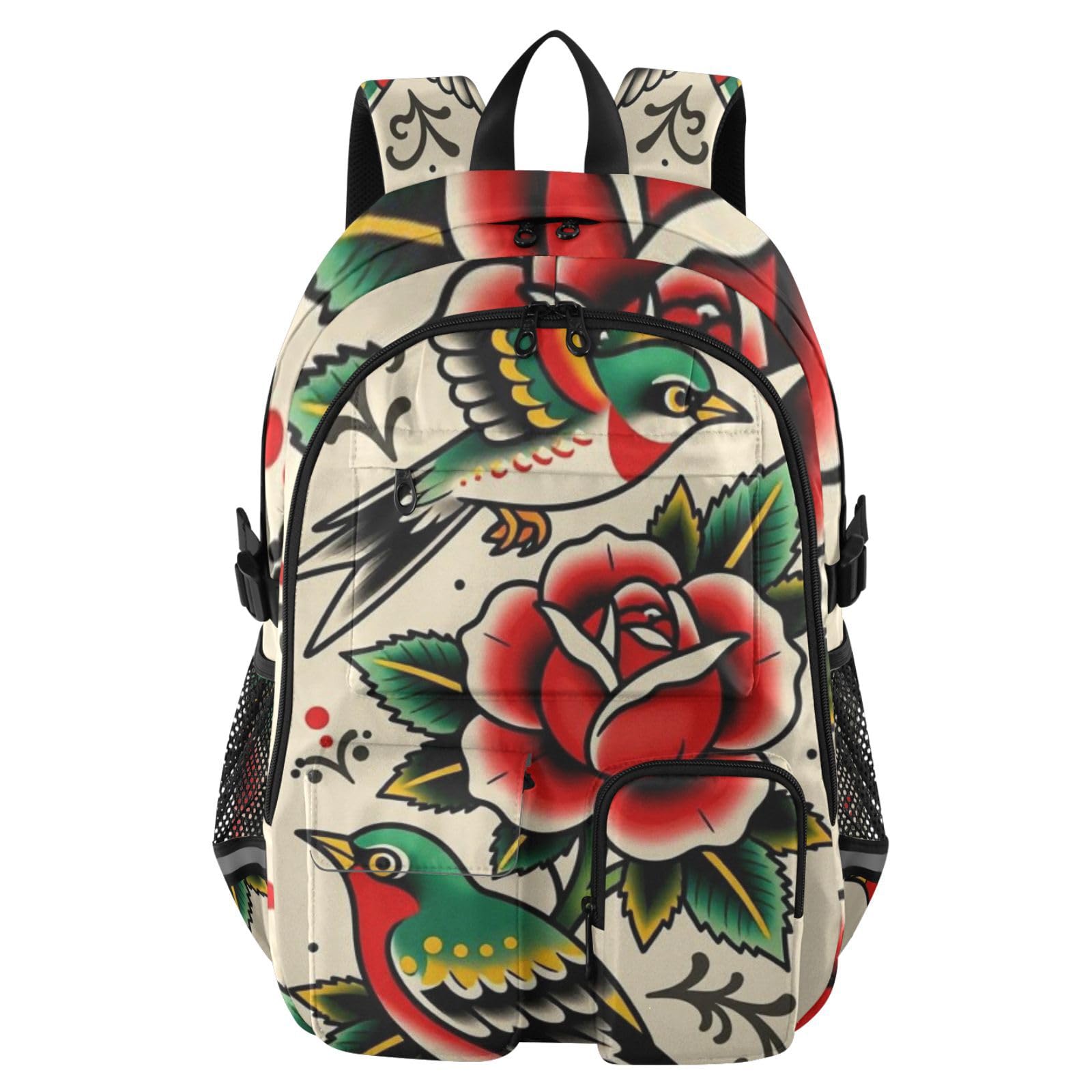 Mochila para laptop rosa con golondrinas estilo tatuaje tradicional para niñas 8