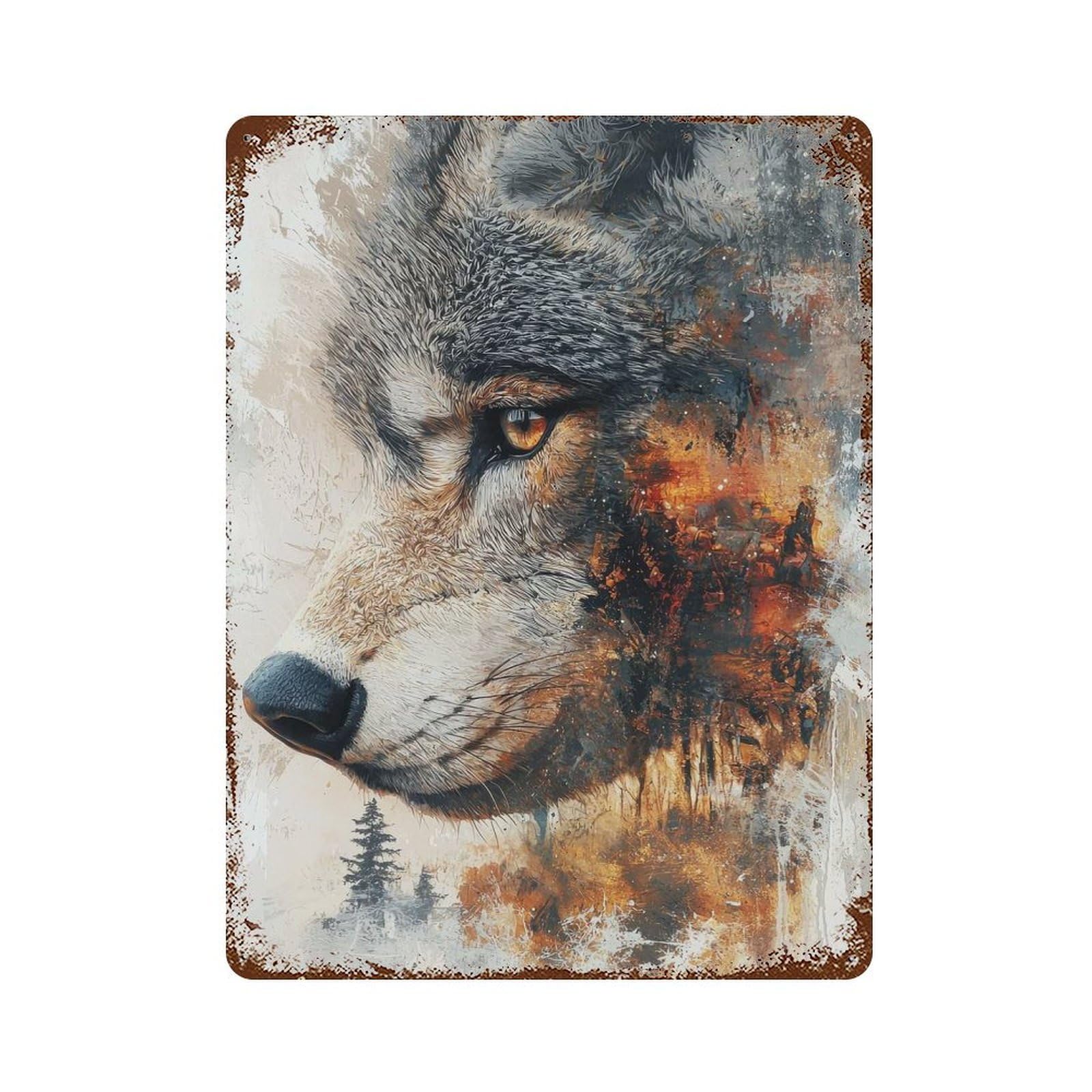 Garage Style Wolf Portrait with Forest Weathered Tin Sign 15.7"x11.8", Classic Wall Plaque for Bar And Workshop