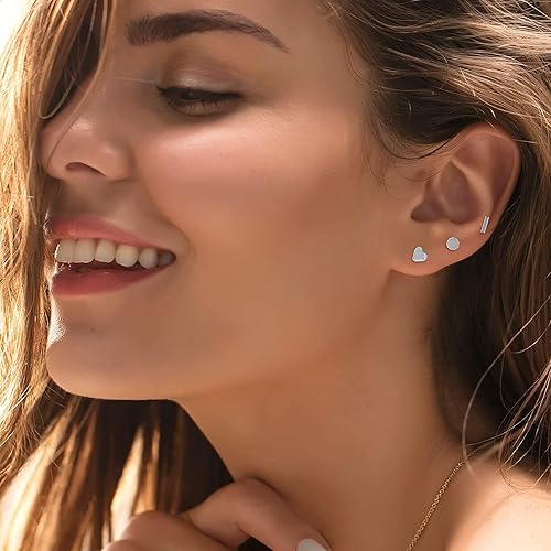 Miniatura 2 de SmileBelle 3 pares de aretes de titanio con parte trasera plana para niñas, barra de corazón, punto siesta, joyería geométrica para mujer, 20G