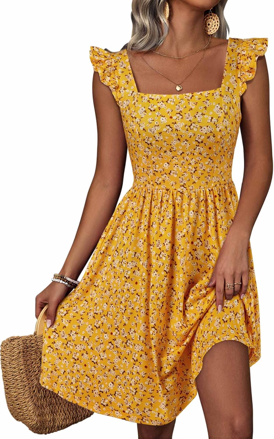 Loemes Summer Casual Cute Floral Flowy Square Neck Sundressses with Pocket Beach Dress for Women
