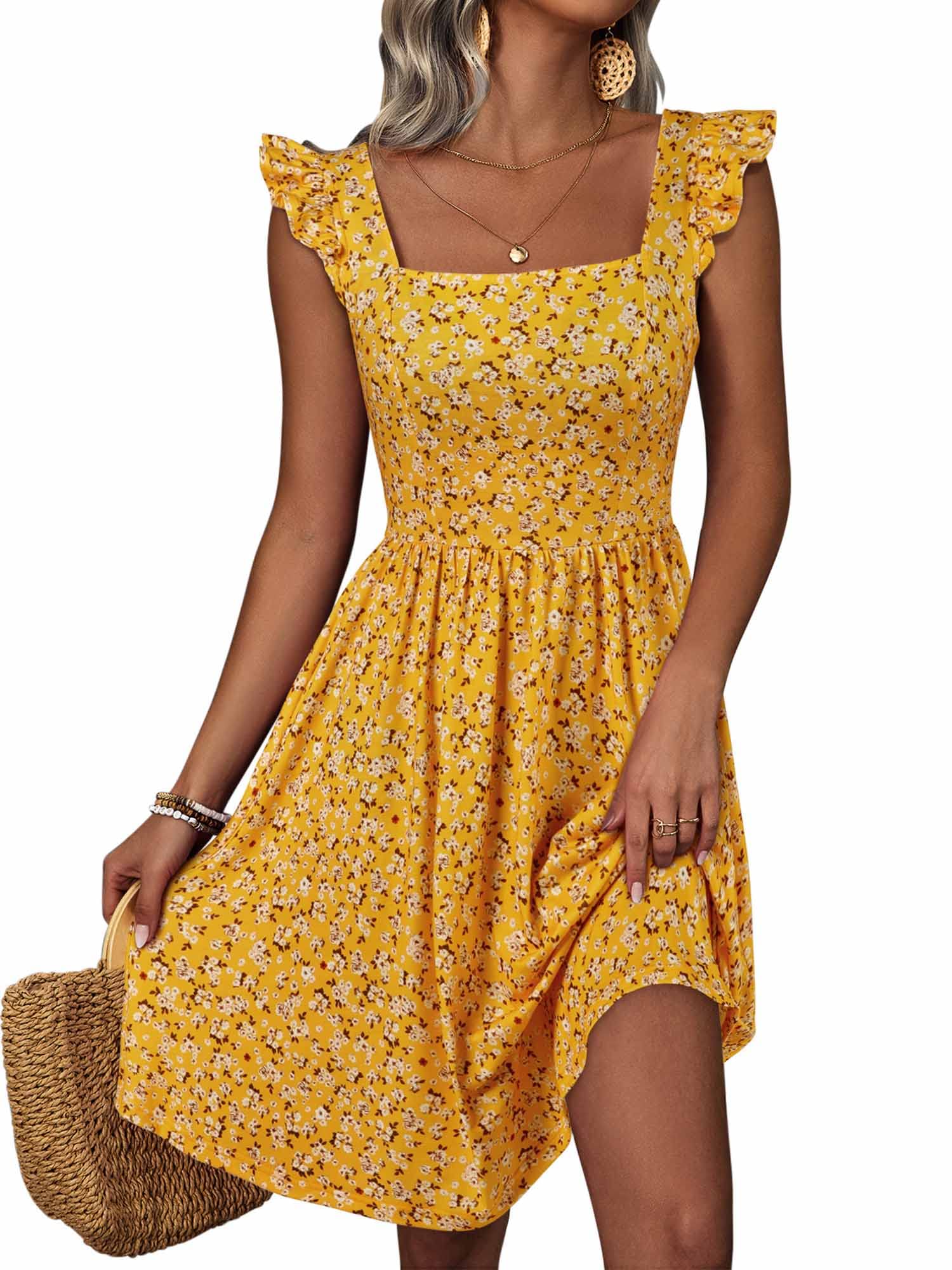 Loemes Summer Casual Cute Floral Flowy Square Neck Sundressses with Pocket Beach Dress for Women
