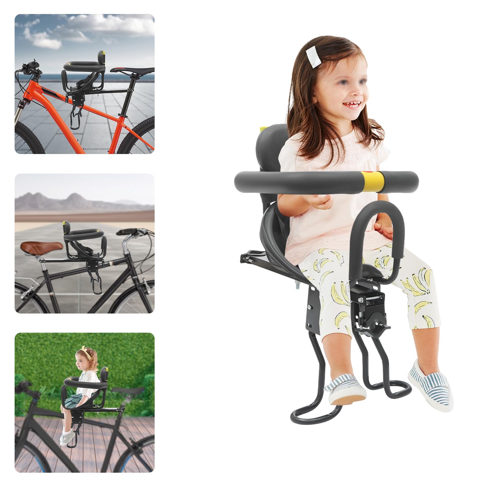 Asiento infantil delantero para bicicleta infantil, asiento infantil con cinturón de seguridad y asa plegable, longitud del asiento ajustable (40-56 cm), para bicicletas de montaña, bicicletas