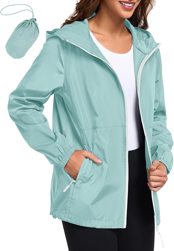 Womens Waterproof Rain Jacket Lightweight High Neck Packable Hooded Raincoat Active Outdoor Windbreaker Jacket