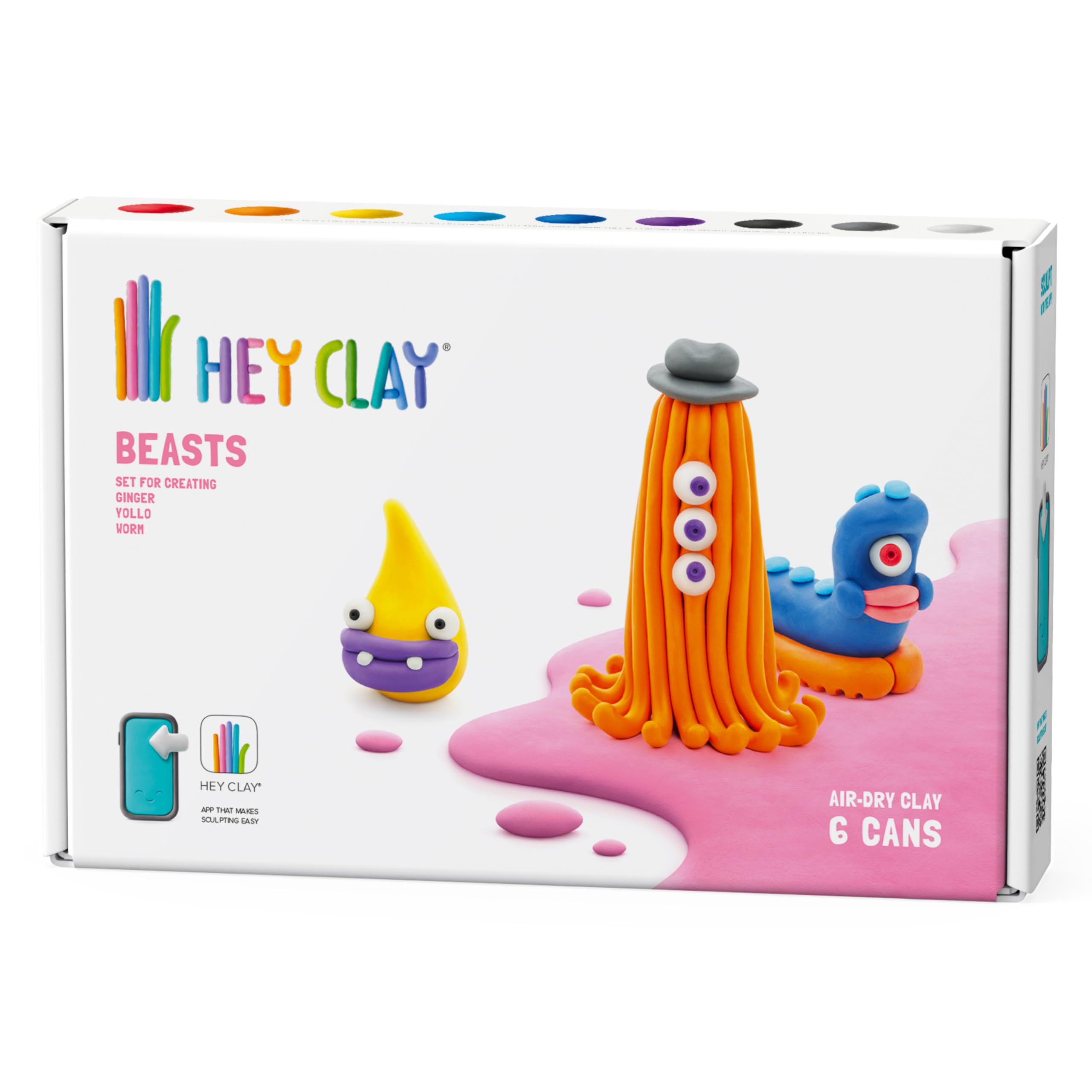 HEY CLAY -DIY Beasts: Worm, Ginger, Drop Plastic Creative Modelling Air-Dry Clay For Kids 6 Cans