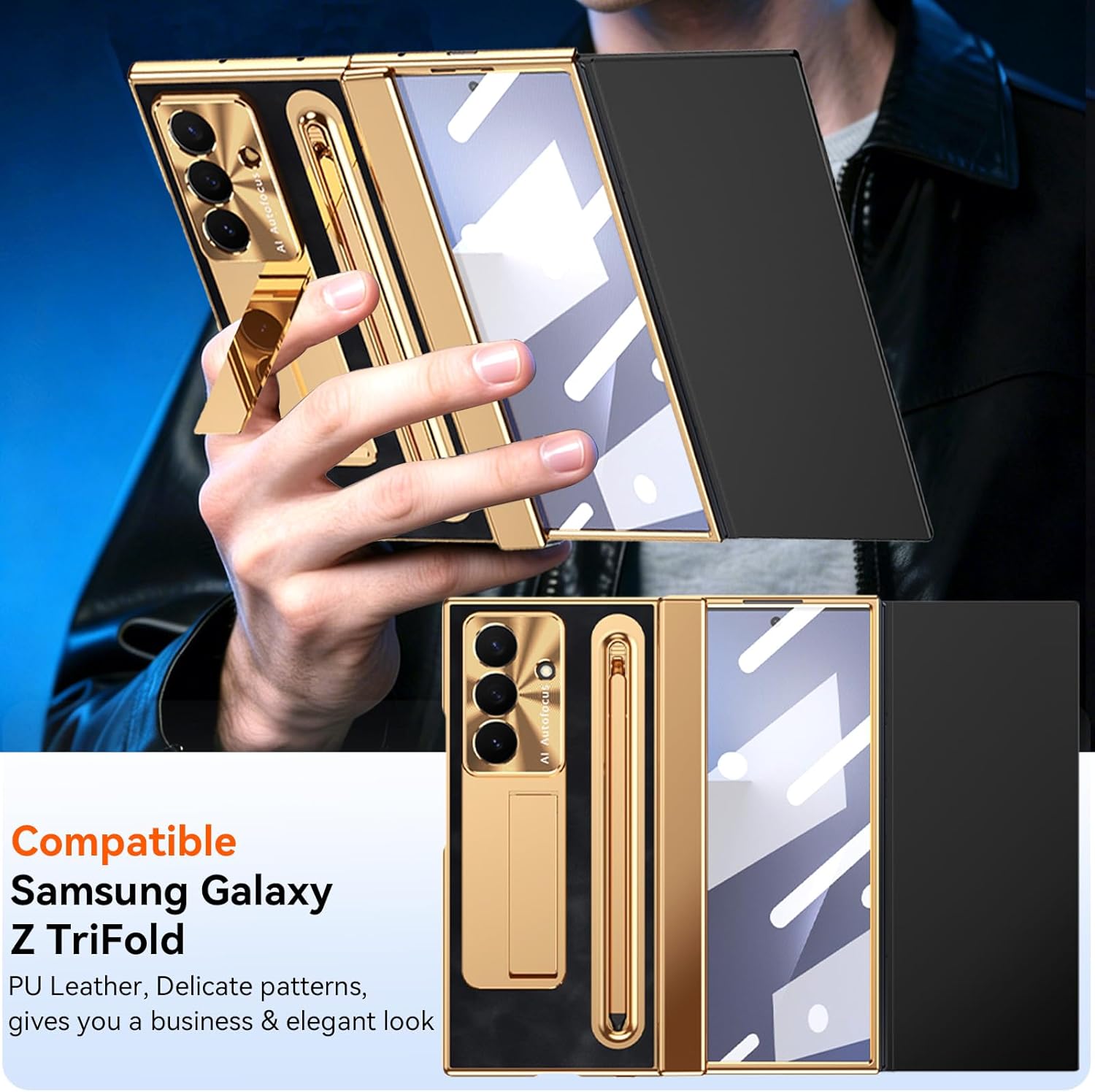 for Samsung Galaxy Z Trifold Case with S Pen Holder & Stylus, Built in Small Screen Protector Invisible Kickstand Camera Protector All-Round Protection Case for Galaxy Z Trifold Gold+Black
