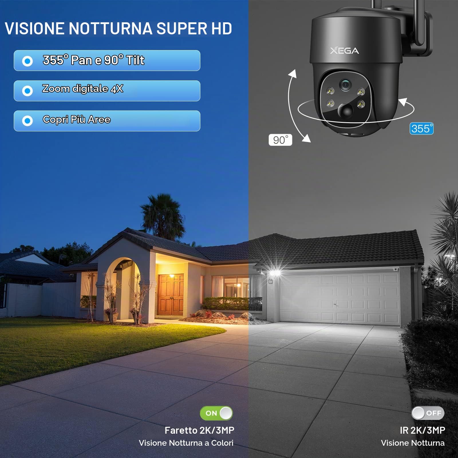 Xega 2 Pezzi Telecamera PTZ Solare 4G Esterno Con SIM Senza WiFi Senza Fili | 2K HD, Batteria, Rotazione 355°/90°, Visione Notturna, Rilevamento Movimento, Audio Bidirezionale, Abbonamento Obbligatorio