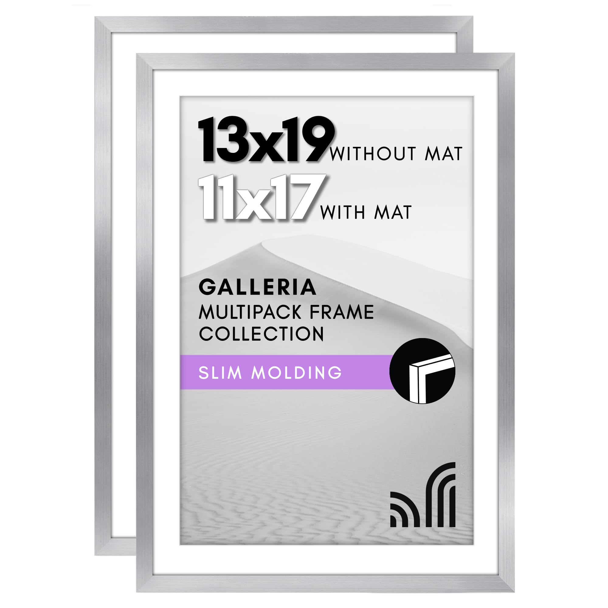 Americanflat 13x19 Picture Frame with Polished Plexiglass - Set of 2 - Use as 11x17 Frame with Mat or 13x19 Frame Without Mat - Galleria Collection - Gallery Wall Frame Set for Wall Display - Silver