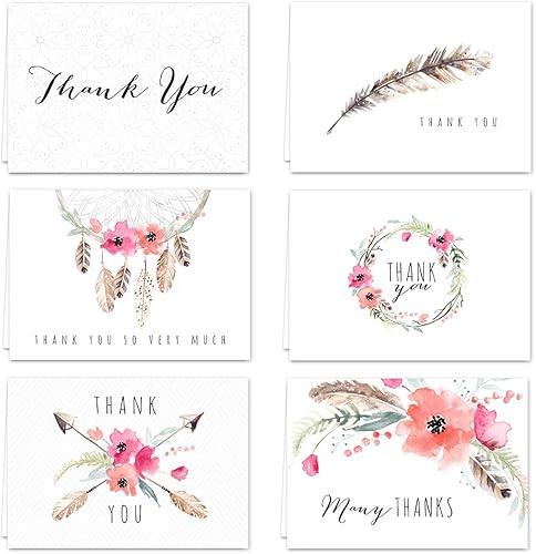 Boho Spirit tarjeta de agradecimiento surtidasSet de 36interior en blanco6Diseños interior en blancode tarjetas con sobres blancos