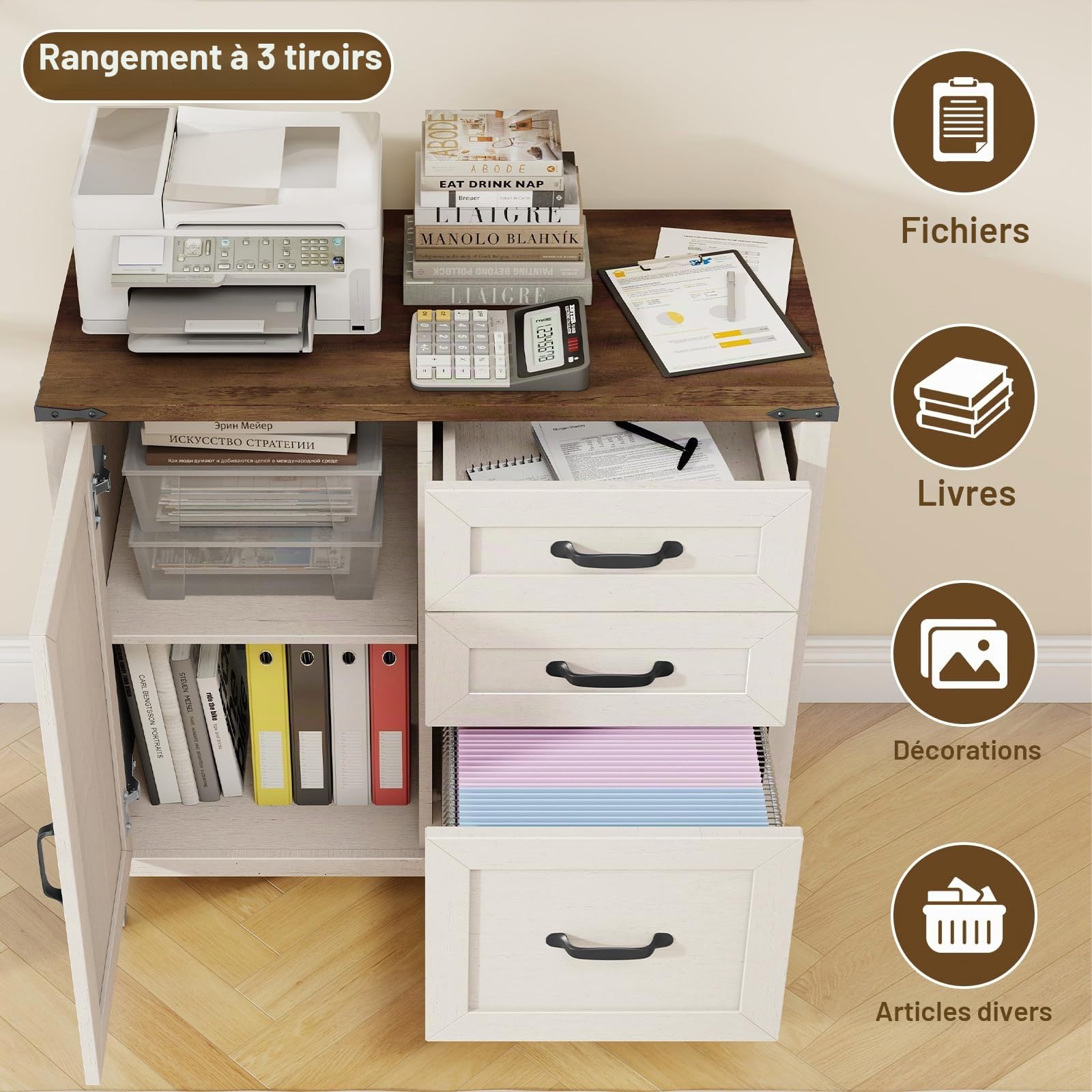 BonVache Meuble de Rangement Bureau 3 Tiroirs, Armoires à classeurs latéraux Style Campagnard, Meuble Imprimante avec Rangement, Blanc Rustique pour Dossiers Suspendus A4/Letter, 80 cm