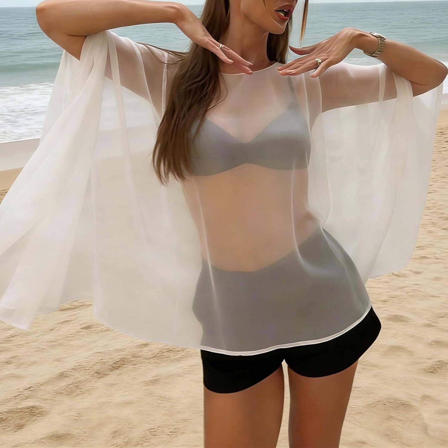 Miqil Women Flowy Sheer Mesh See Through Bolero Shawl Sexy Irregular High Low Hem Lightweight Poncho Shrug Beach Coverup Cape - Image 4