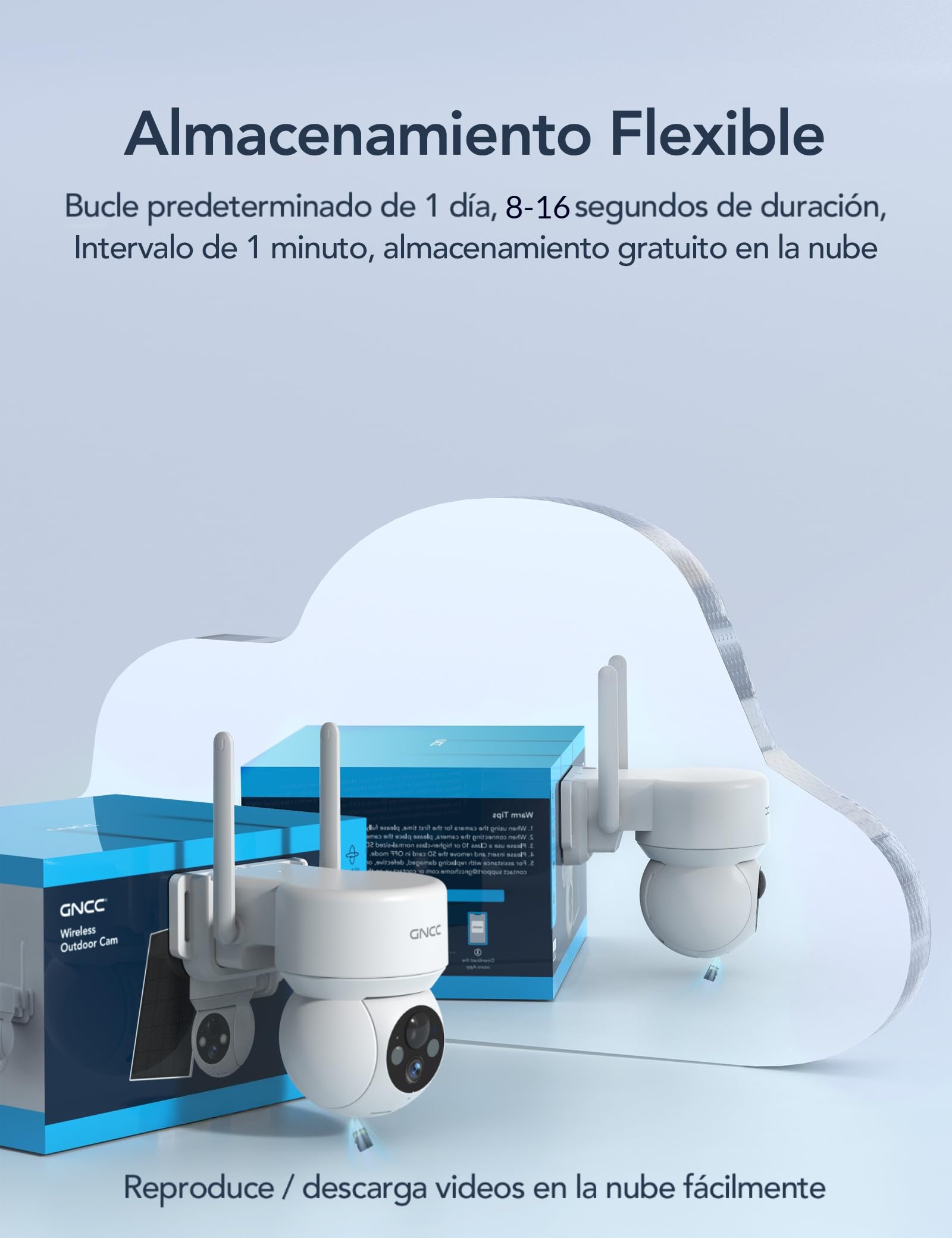 GNCC Camara Vigilancia WiFi Exterior Solar con Bateria Sin Cables, 1080p/2MP Camara Vigilancia Exterior Solar Visión Nocturna Color, PTZ 360°, Humana Detección de IA, PIR Sirena, Audio Bidireccional