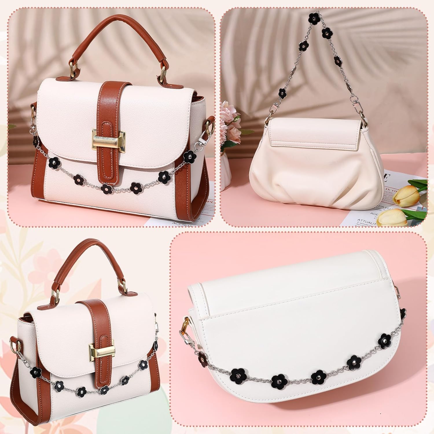 2 Pcs Purse Chain, 15.7 Inch Silver Flower Bag Chain Elegant Bag Strap Purse Extender Charm Replacement Decorative Purses Charm with Black Enamel Flower for Handbag Shoulder Crossbody Bags - Image 6