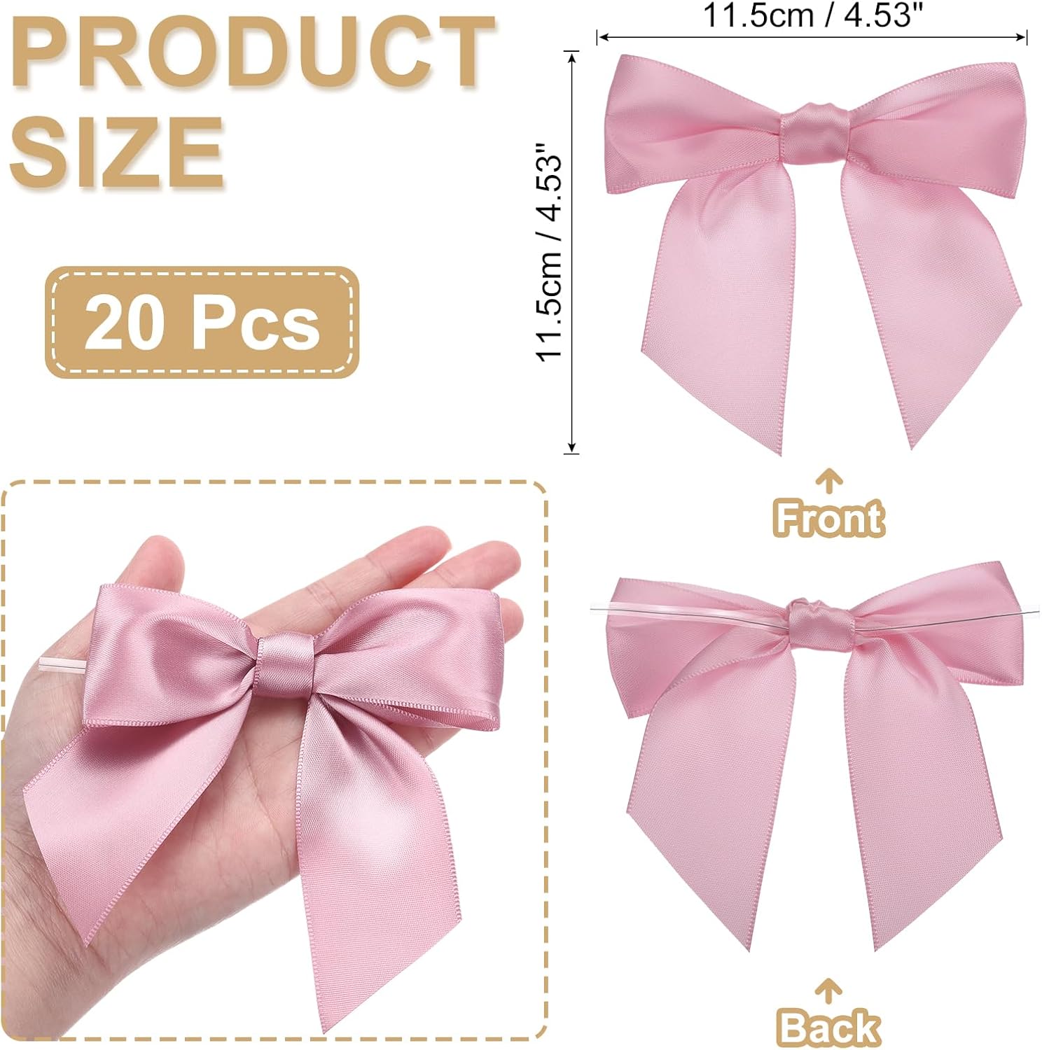 PATIKIL 4.5" Twist Tie Satin Bow, 20Pcs Large Twist Tie Pretied Satin Ribbon Bow Premade Wrapping Bownot Decoration for Treat Bag Craft DIY Wedding Christmas Package Gift, Light Pink
