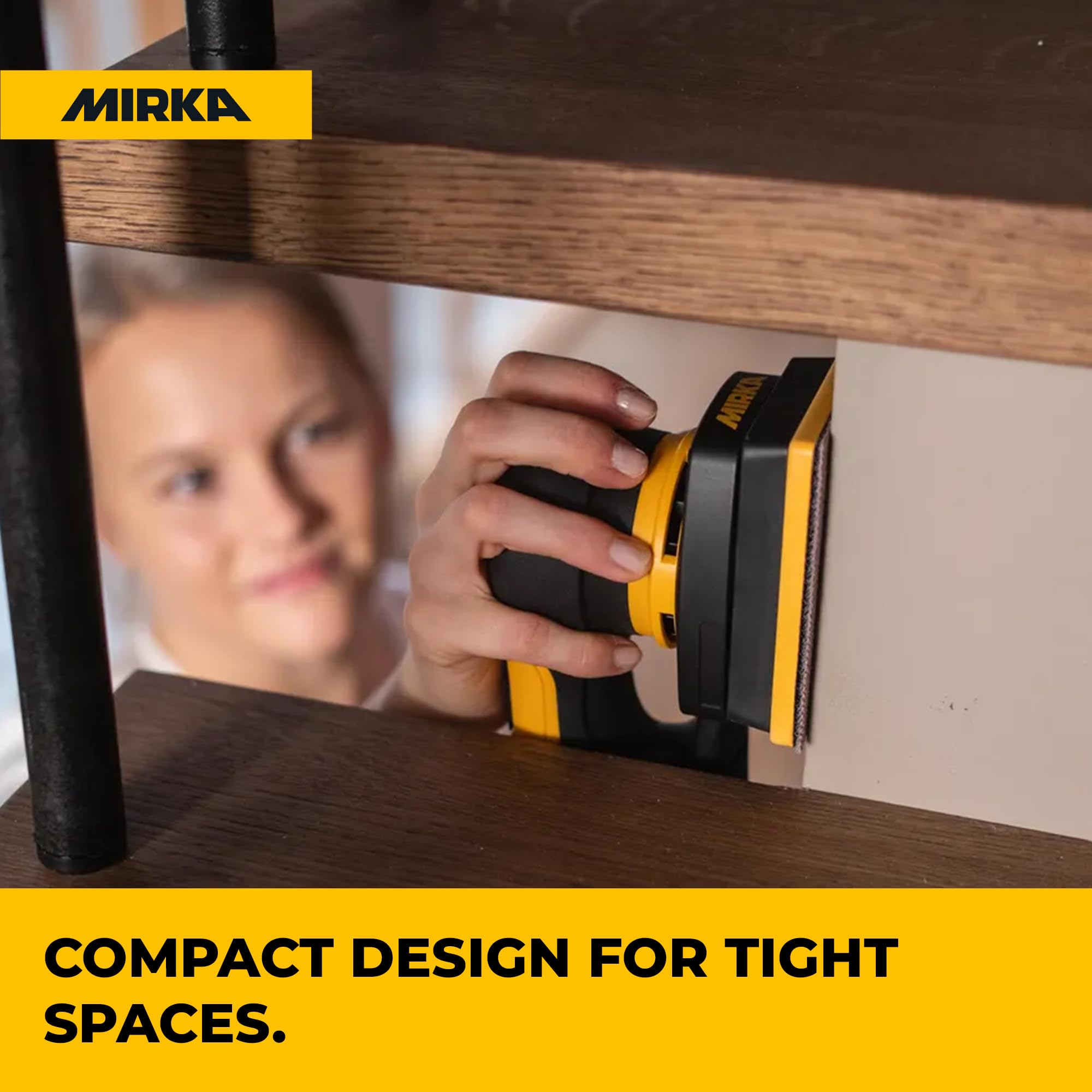 Mirka DEOS - Levigatrice elettrica portatile, compatta 7,6 x 10,2 cm, con orbita da 3 mm, motore senza spazzole, design leggero ed ergonomico, ideale per legno, mobili, finestre e porte, levigatura