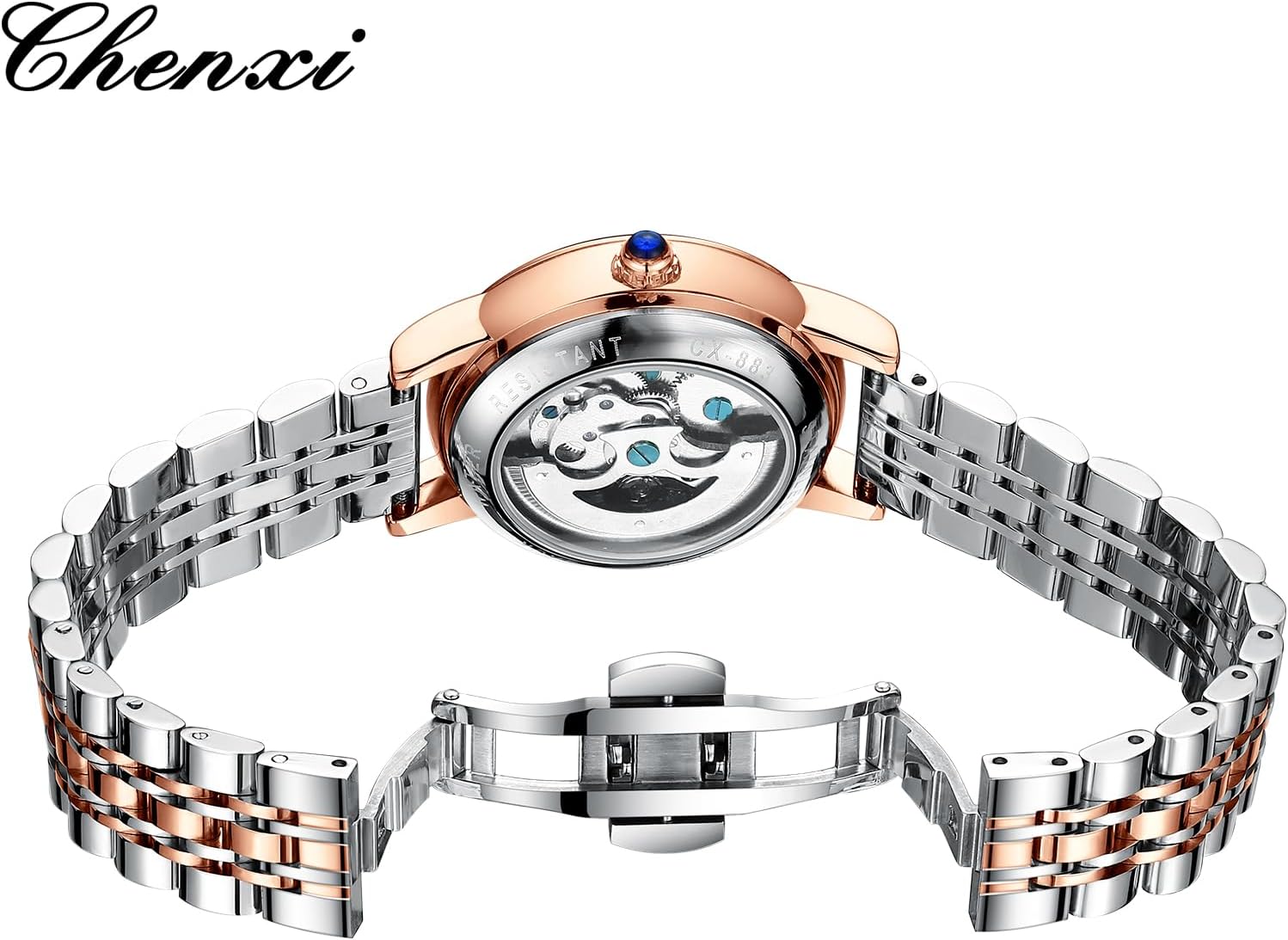 Verhux Women's Automatic Skeleton Watch Two-Tone Rose Gold & Silver Stainless Steel Waterproof Luminous Self-Winding Dress Wrist Watch for Ladies