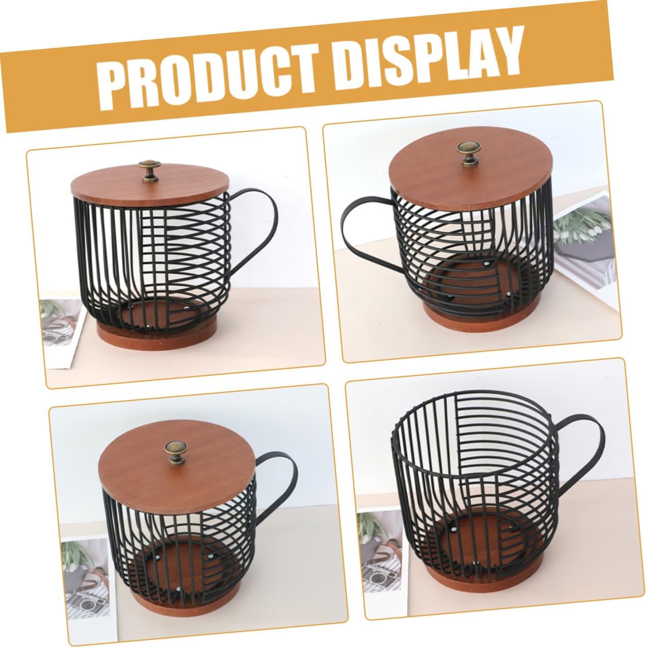 Hemobllo Wood and Metal Coffee Capsule Storage Basket with Large Desktop Organizer for Coffee Capsules Snacks and Fruits Space-saving Kitchen Counter