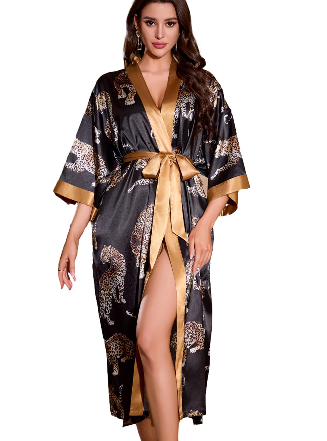 Daiwor Kout Silk Satin Robe for Women Long Kimono Floral Lightweight Bathrobe Soft Thin Ladies Luxury House Robes
