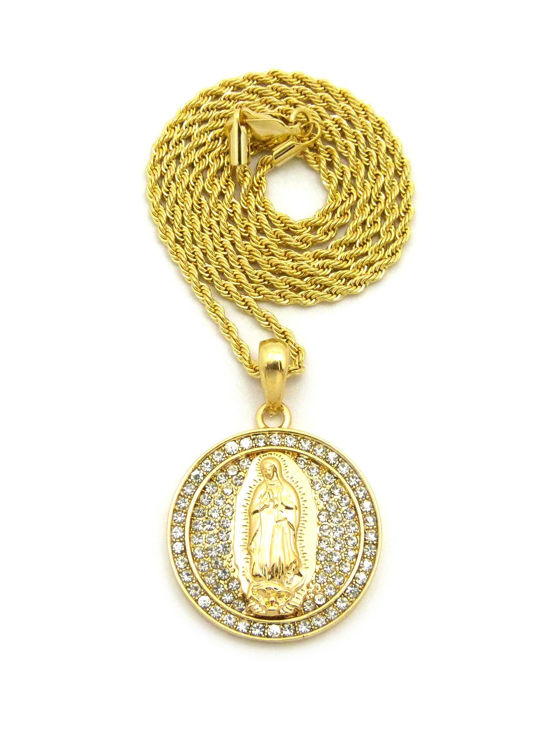 Fashion 21 Mini Size Iced Out Saint Virgin Mary Round Pendant 24" Box, Rope Chain Necklace in Gold Tone
