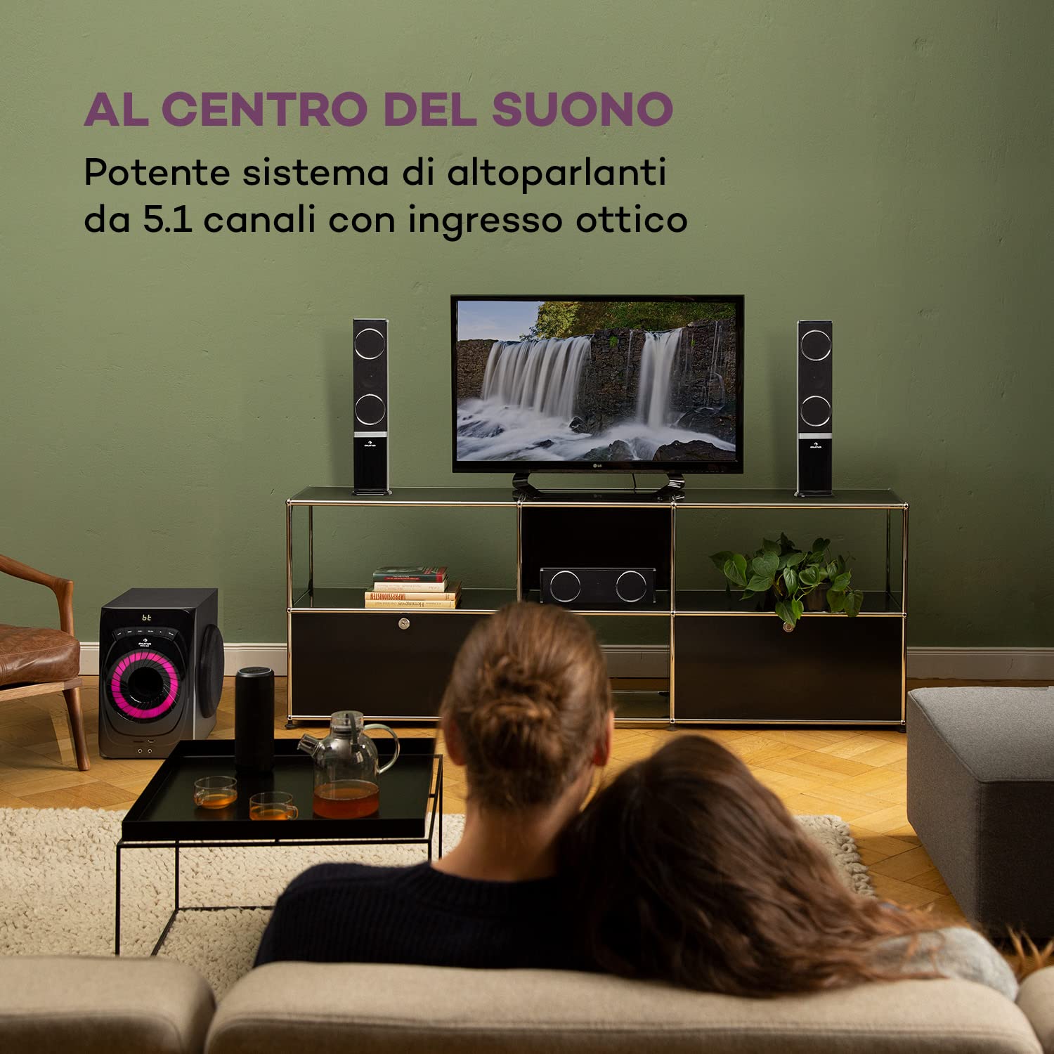 Auna Areal 825 - Sound System 5.1, Impianto Home Cinema 5.1, 200 Watt di Potenza RMS, Subwoofer Home Cinema da 8" + 5 Altoparlanti, Bluetooth, USB, SD, AUX, Telecomando incl., Nero