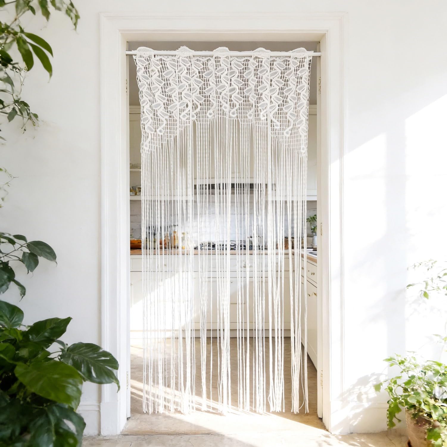 - 1 Panel White Lace Leaf Pattern Door Sheer Curtains for Living Room Entry Door Rod Pocket Decorative Privacy Hollow Lace Tassel Curtains for Cafe Balcony Window Doorway (White, W39 L78 inch)