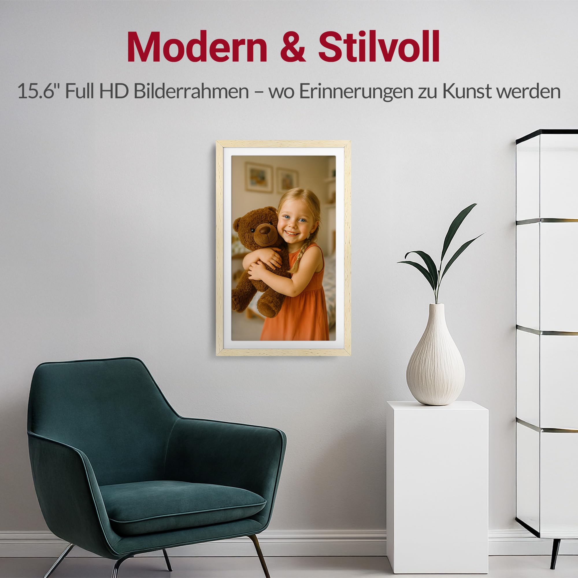 XORO 15 Zoll WiFi Digitale Bilderrahmen, 1920x1080 Full HD 1080P IPS Touch Display, 32GB Speicher, Automatische Rotation, Buchenholz, Teilen Sie Fotos sofort von überall aus