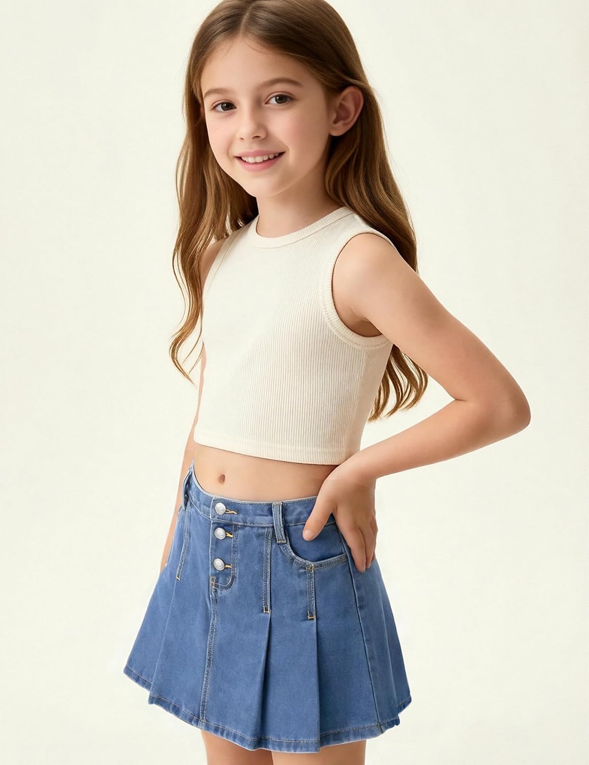 YesFashion Girl's Casual Slim a-Line Pleated Blue Jean Skirt Back Elastic Waist Ruffle Short Mini Denim Skorts