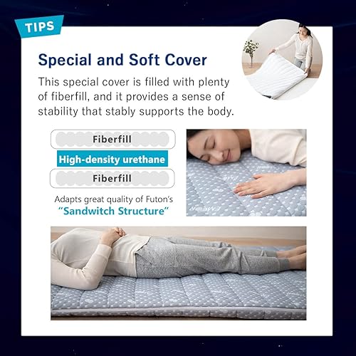 Miniatura 5 de EMOOR Colchón de futón híbrido plegable, espuma de uretano de alta resistencia 150N con funda acolchada lavable, individual, tapete para dormir de