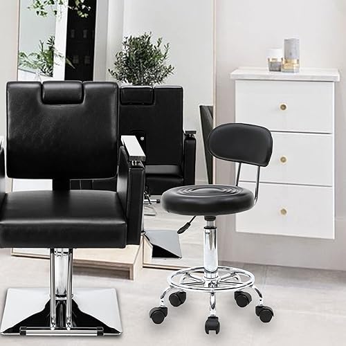 Miniatura 6 de Goujxcy Taburete multiusos para salón, taburete giratorio ajustable con cojín trasero y ruedas, perfecto para salón de belleza, spa, tatuaje,