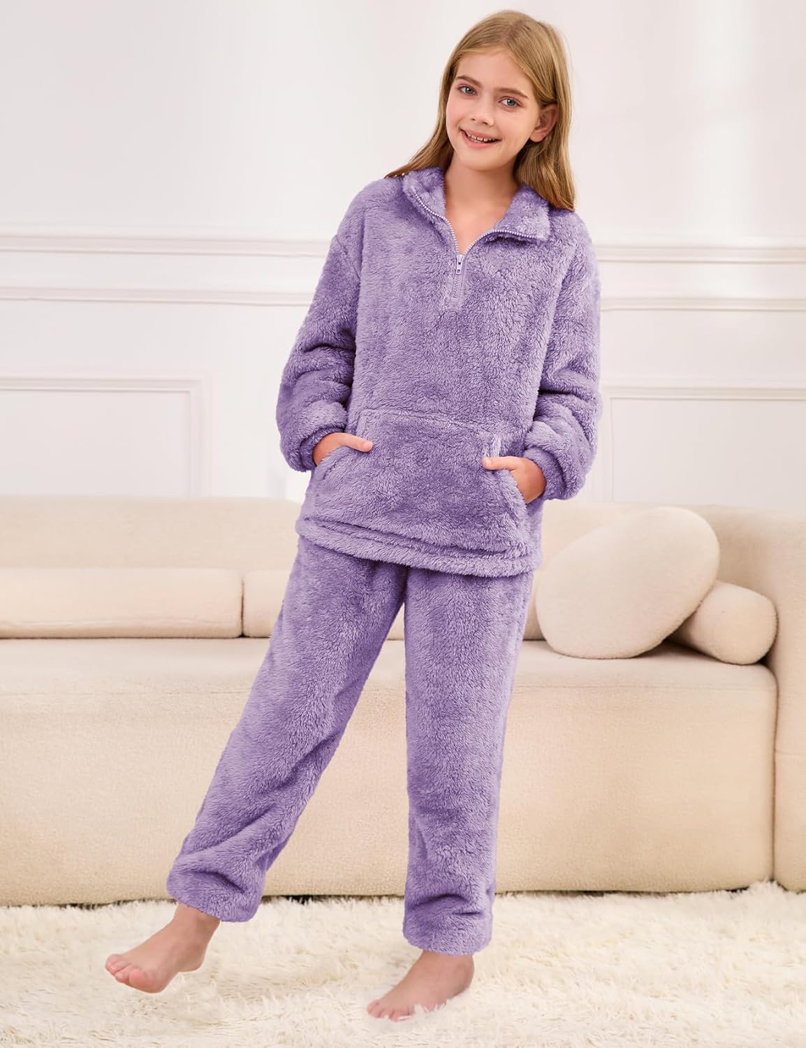 Flygo Girls Boys Fuzzy Pants Set Fleece Sweatsuit Flannel Fluffy 1/4 Zip Sweatshirt Pants Sets 2 Piece Outfits 5-14Years - Image 2