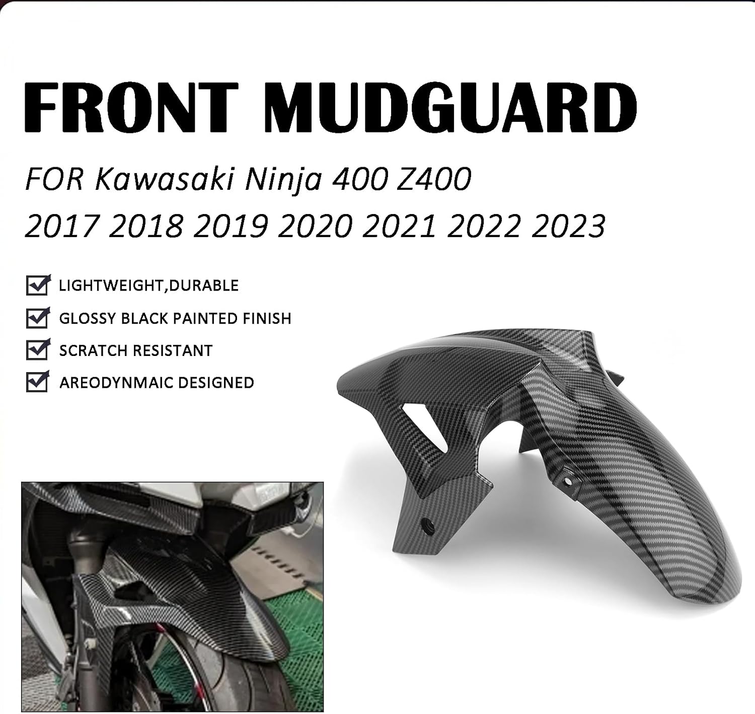 Motorcycle Mudguard,Front Fender, For KAWASAKI Ninja 400 Z400 2017-2024, Motorcycle Mudguard Protector Splash Guard Fit Fairings Kit Parts (Gloss Black)
