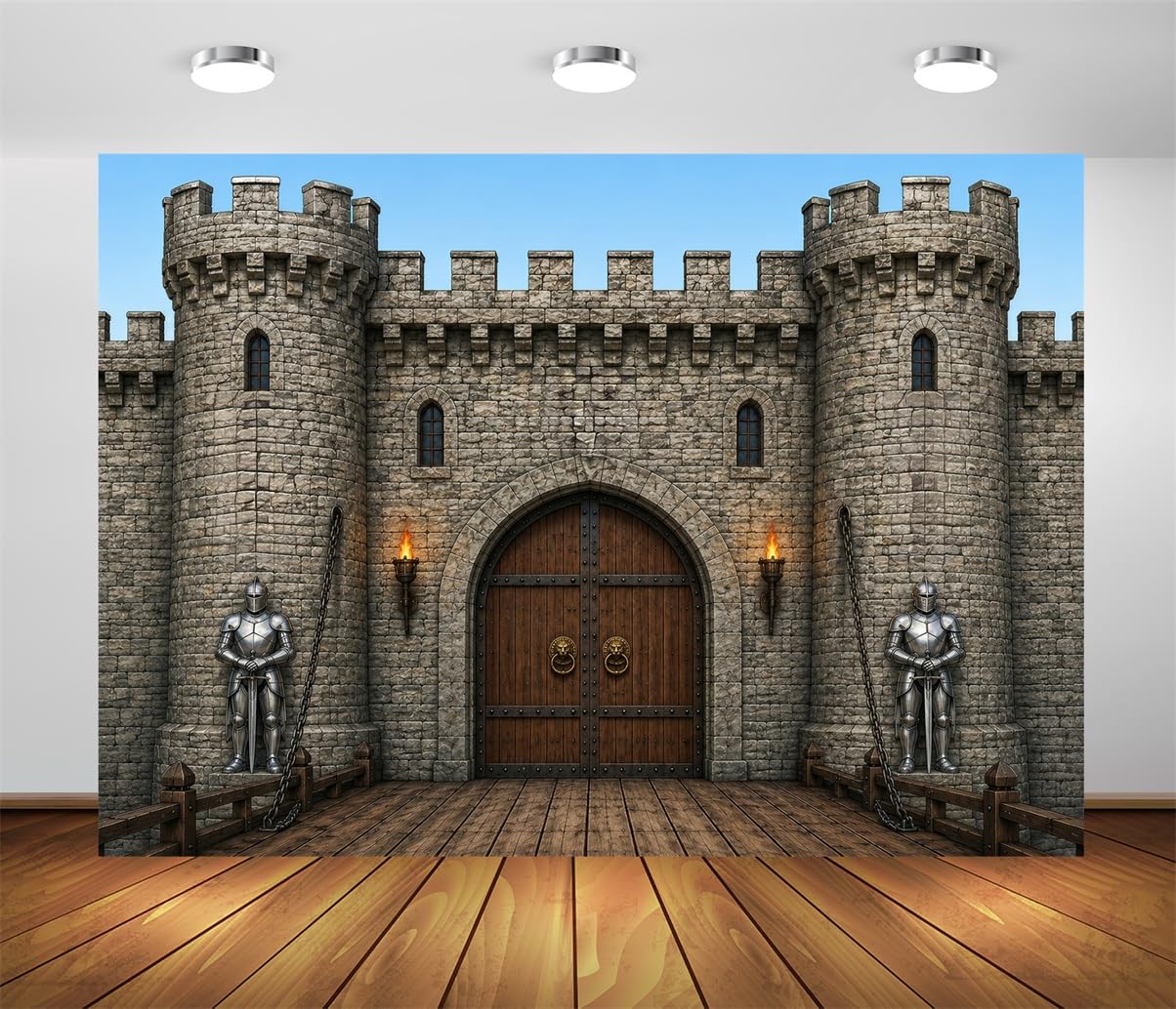BELECO 3.6x2.5m Sfondo in tessuto Ponte Levatoio Castello Medievale | Castello In Pietra Vintage Sculture Cavalieri Torce Murali Sfondo Festa Medievale Telo Di Sfondo