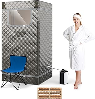 HOMASIS Dampfsauna tragbar, Heimsauna mit Dampfgenerator 3 Liter, Sauna für Zuhause mit Fernbedienung, 9 Temperaturstufen & 9 Timer, Mobiles Saunazelt mit Klappstuhl & Fußmassagegerät (Grau)