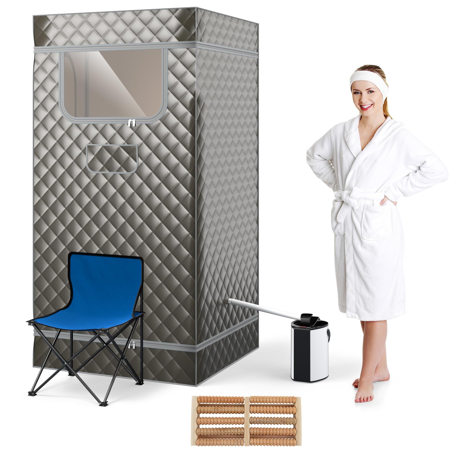 HOMASIS Sauna à Vapeur Portable 3L avec Générateur, Télécommande, 9 Niveaux de Température, Chaise Pliante Gris