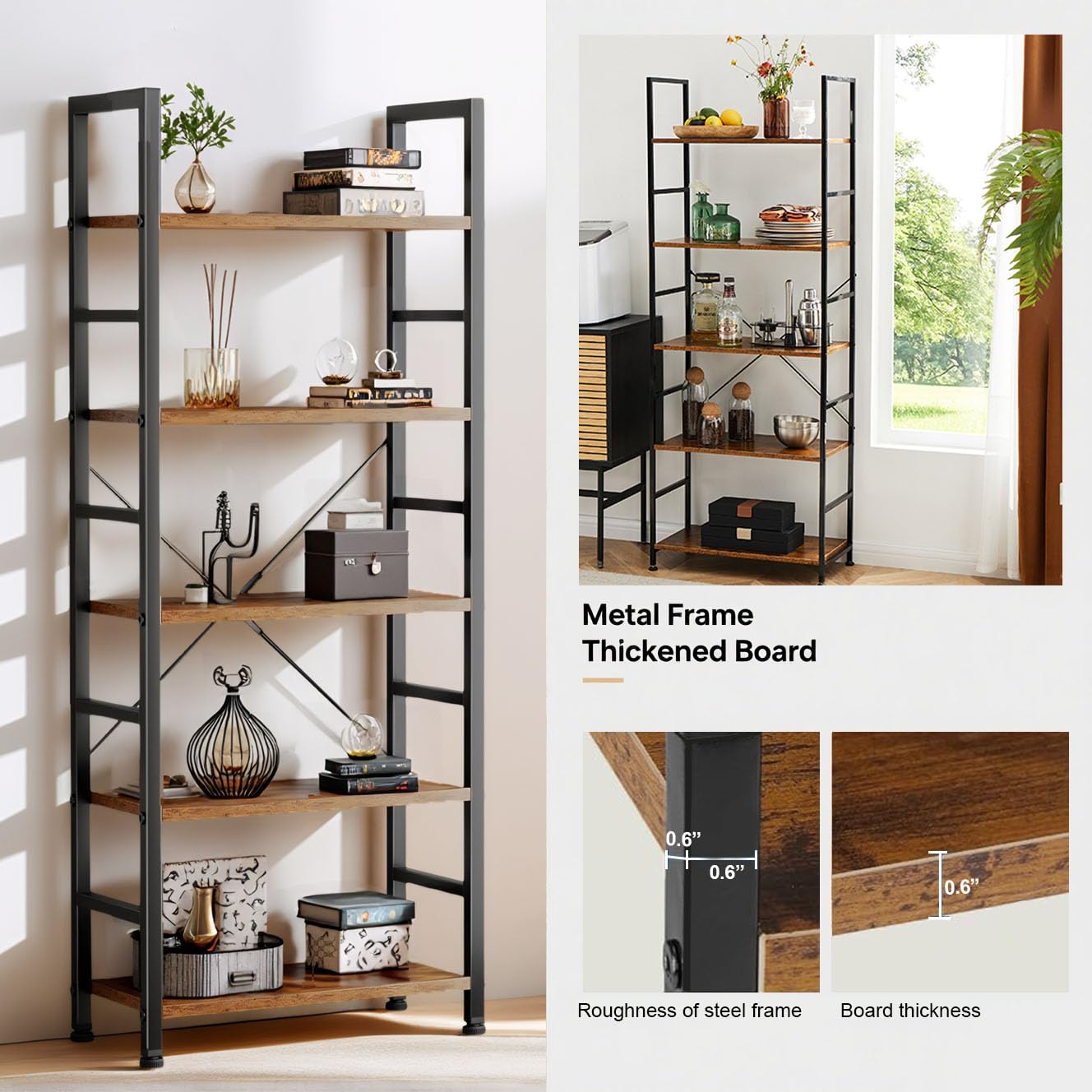 ZEUKMXOO 5 Tier Bookshelf, 62'' Tall Book Shelf, Free Standing Vintage Book Storage Shelves, Wood Bookcase Organizer for Bedroom, Living Room and Home Office, Vintage on Fridge.com