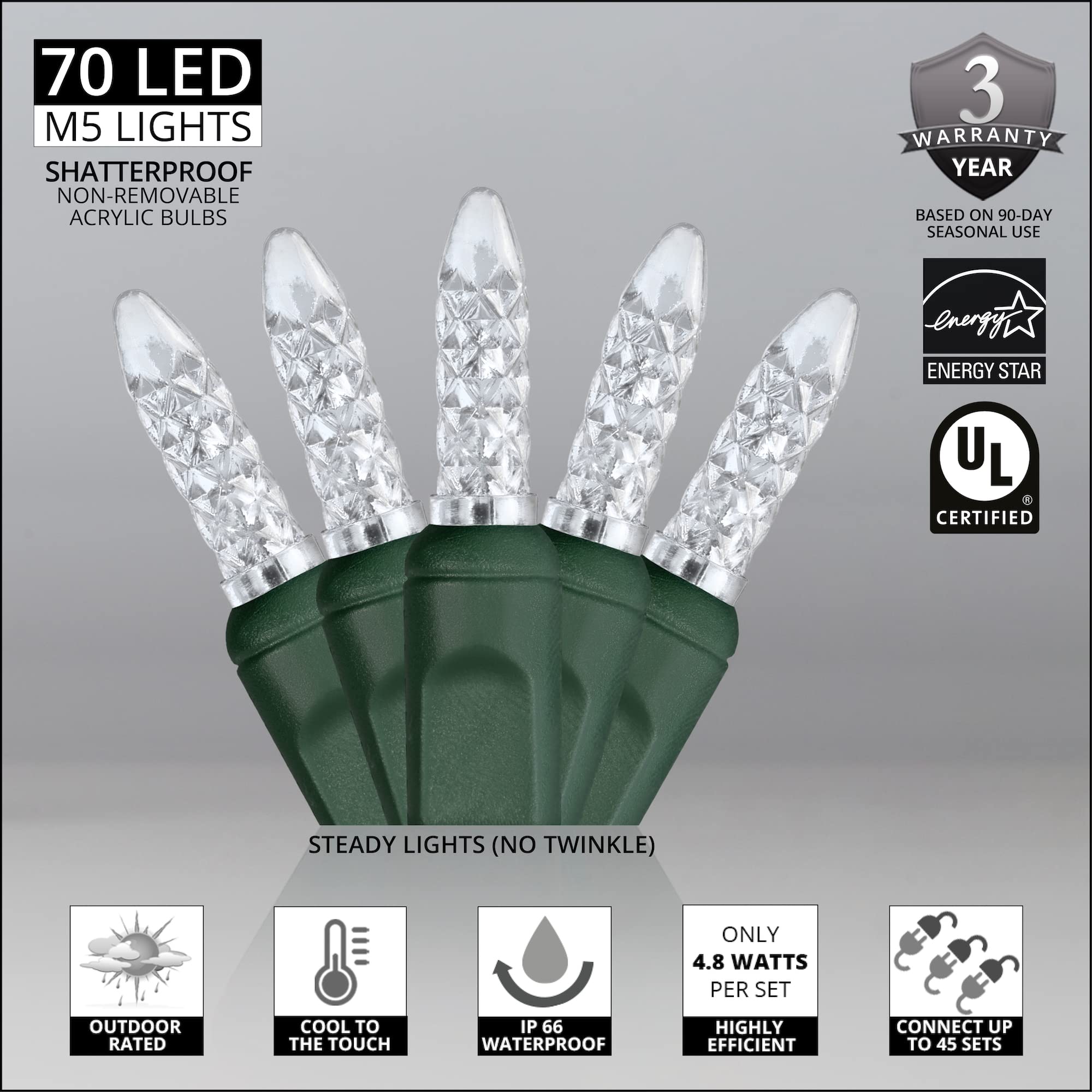 M5 LED Mini Ice Cool White Prelamped Light Set, Green Wire - 70 M5 Cool White LED Christmas Lights, 4