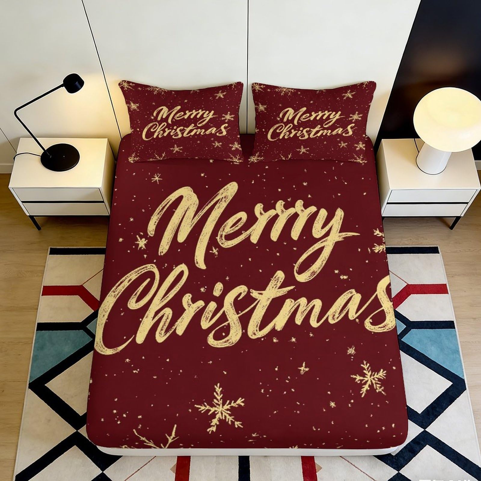 3D Printed Merry Christmas Fitted Sheet Microfiber Soft Breathable Holiday Snowflake Bed Cover for Bedroom Dormitory Guest Room Mattress Protection 160x200x25cm
