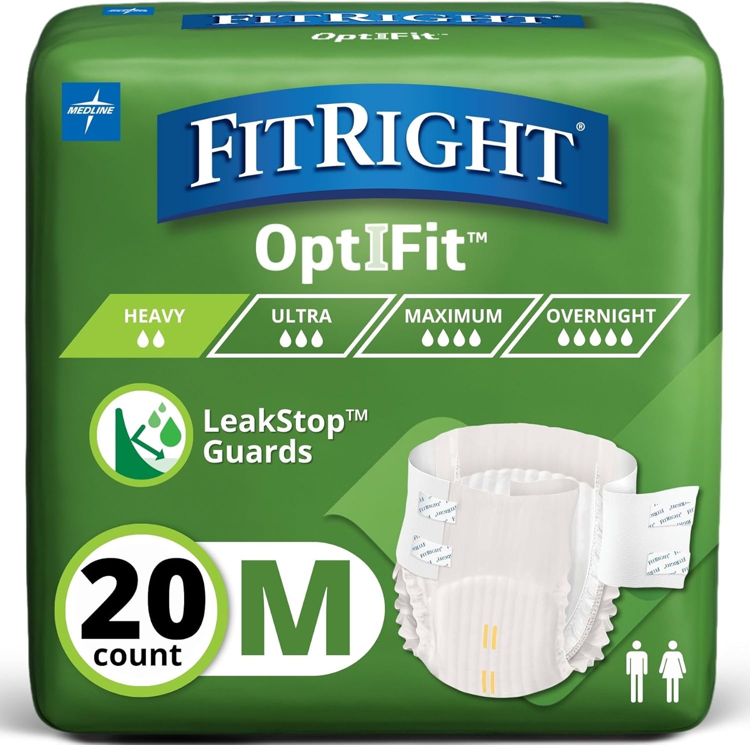 FitRight Adult Diapers, Extra+ Heavy Absorbency, M (Waist Size 32in-44in), 80 Count, OptiFit Incontinence Briefs for Men and Women, Disposable, Moisture-Wicking, Leak Protection, 80 Count Medium