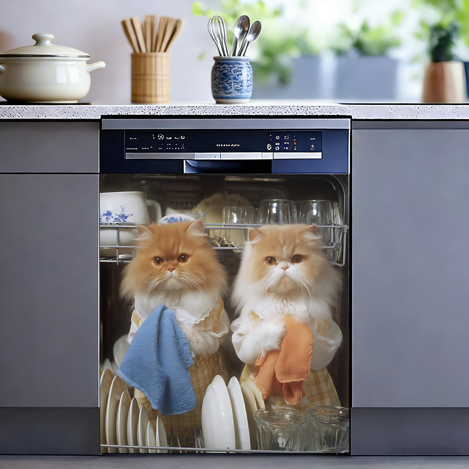 Dishwasher Cover Magnet 23 x 25.5 Inches – Cute Cats Dishwasher Decor, Removable Magnetic Dishwasher Sticker for Kitchen Spring Holiday Decoration