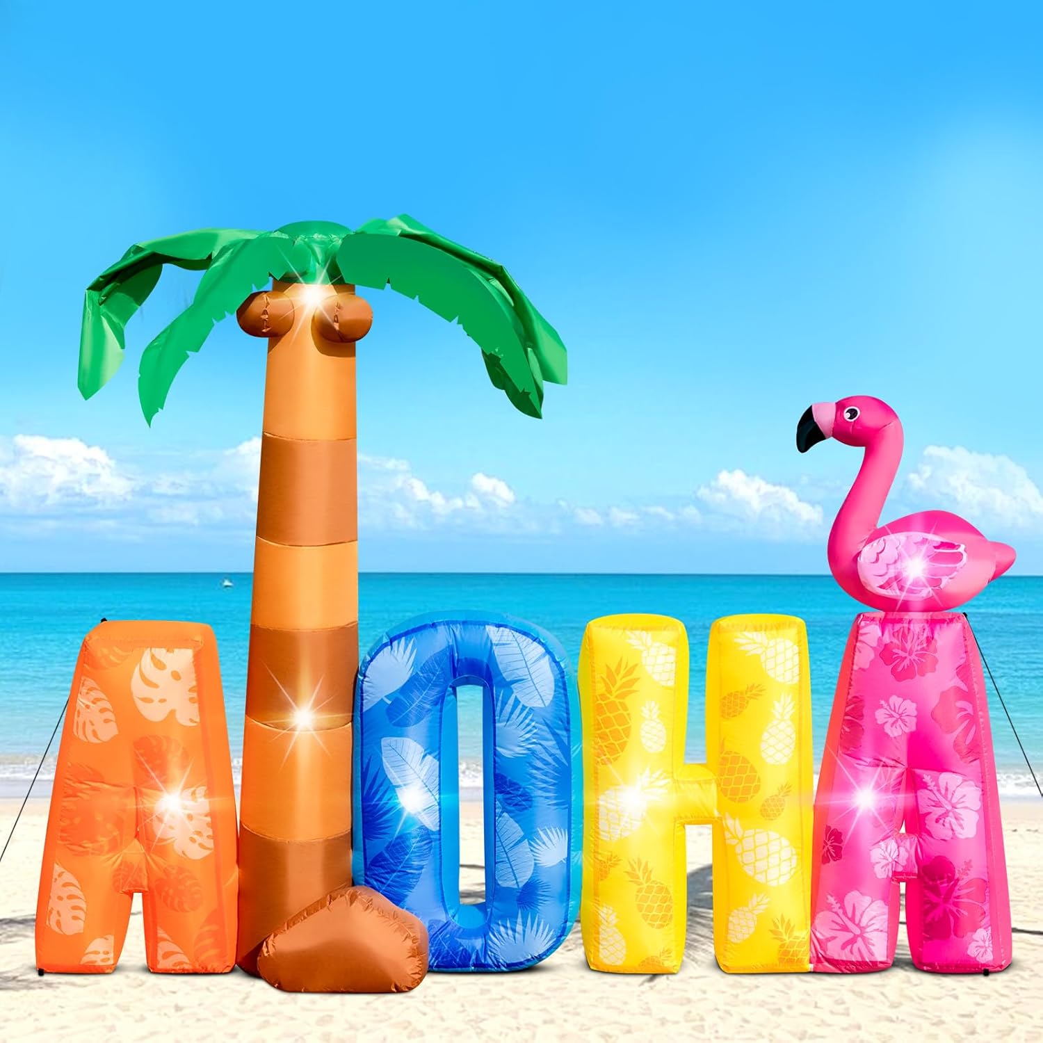 7FT Inflatable Aloha with Palm Tree Flamingo for Luau Party Decorations, Blow Up Aloha Sign Built-in 7 LED Lights for Summer Outdoor Decor, Hawaiian Beach Pool Yard Garden Birthday Photo Backdrop