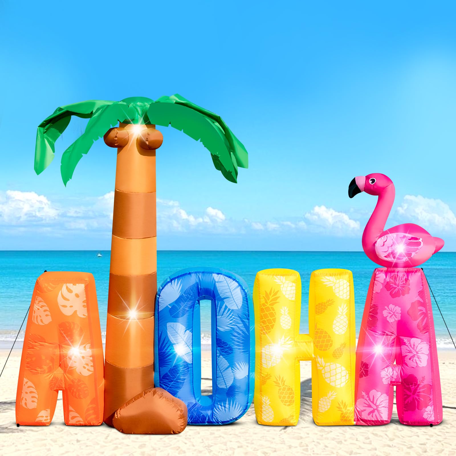Photo 1 of 7FT Inflatable Aloha with Palm Tree Flamingo for Luau Party Decorations, Blow Up Aloha Sign Built-in 7 LED Lights for Summer Outdoor Decor, Hawaiian Beach Pool Yard Garden Birthday Photo Backdrop